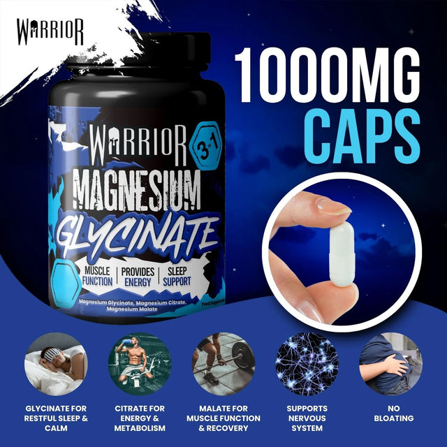 Warrior Magnesium Glycinate bottle (1000mg per serving) promoting its 3-in-1 formula. Features include: Glycinate for Restful Sleep & Calm, Citrate for Energy & Metabolism, and Malate for Muscle Function & Recovery. Also Supports Nervous System and is No Bloating.