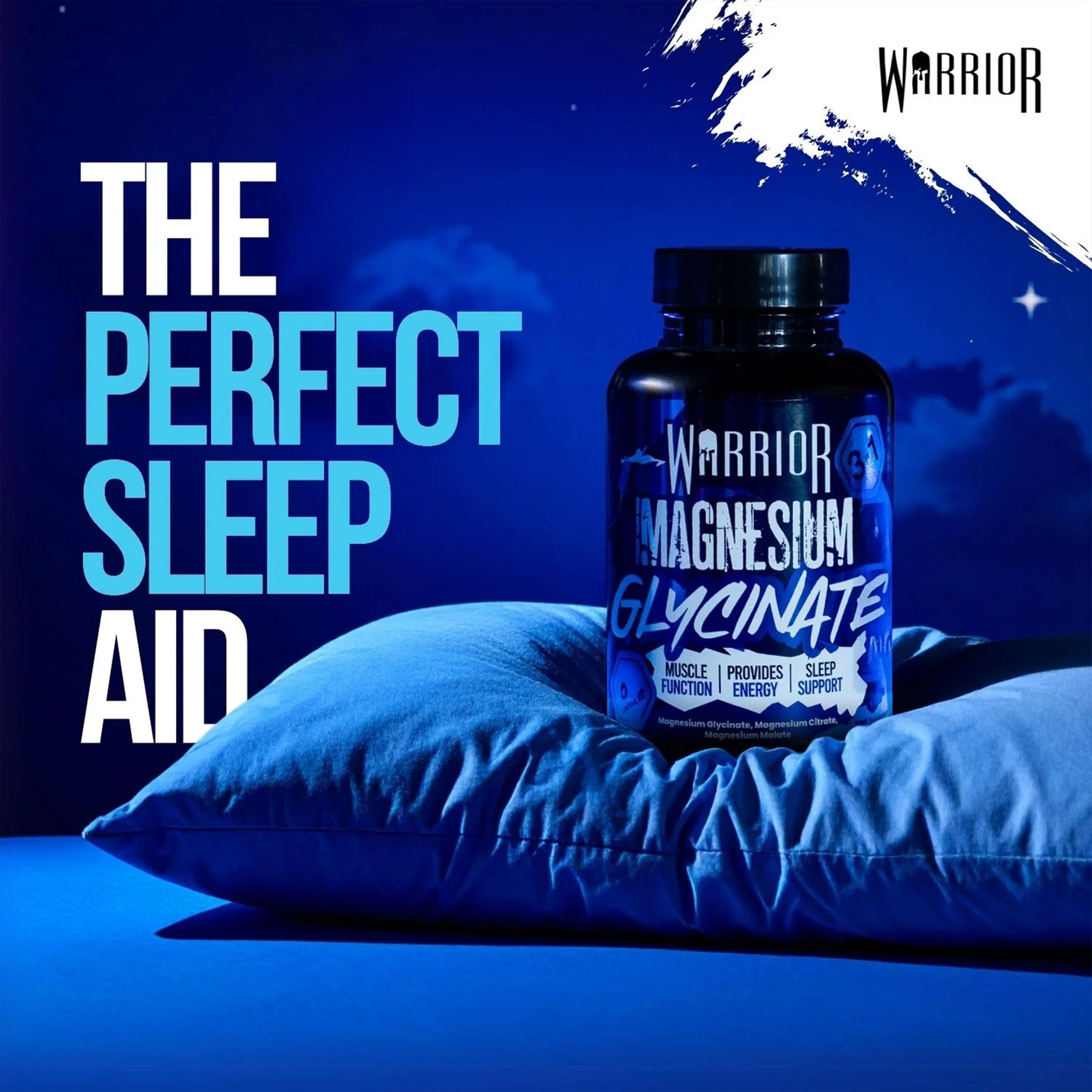 A bottle of Warrior Magnesium Glycinate supplement resting on a blue pillow, illustrating its use as a sleep aid. The label lists benefits for sleep support, muscle function, and energy.