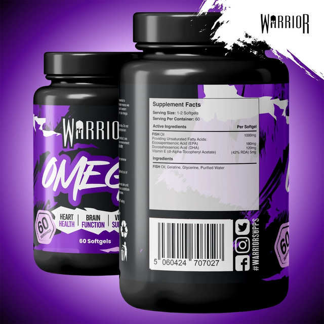 Warrior Omega Fish Oil supplement bottle showing supplement facts: 1000mg Fish Oil, 180mg EPA, and 120mg DHA per softgel for heart, brain, and vision support.
