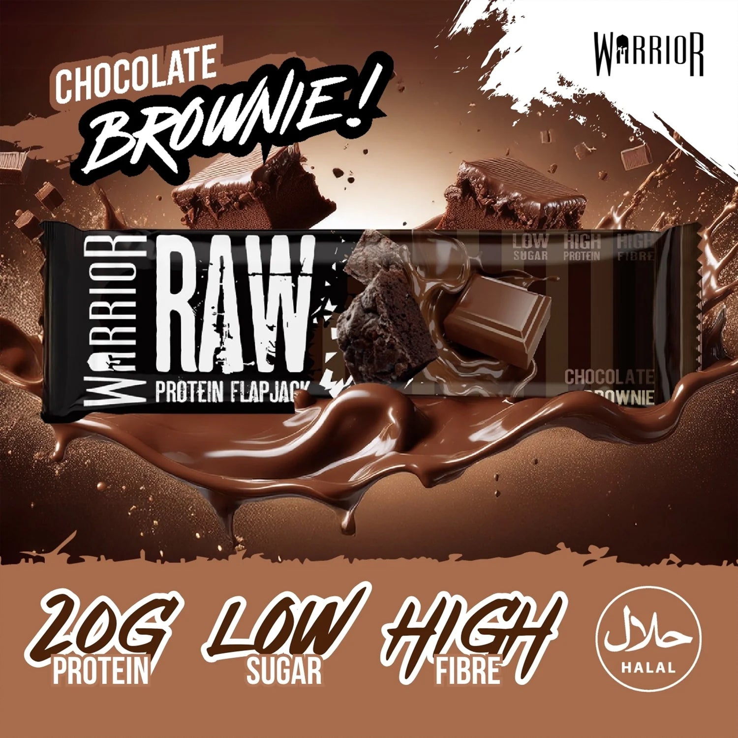 Warrior RAW Protein Flapjack in Chocolate Brownie flavor, highlighting 20g Protein, Low Sugar, and High Fibre.