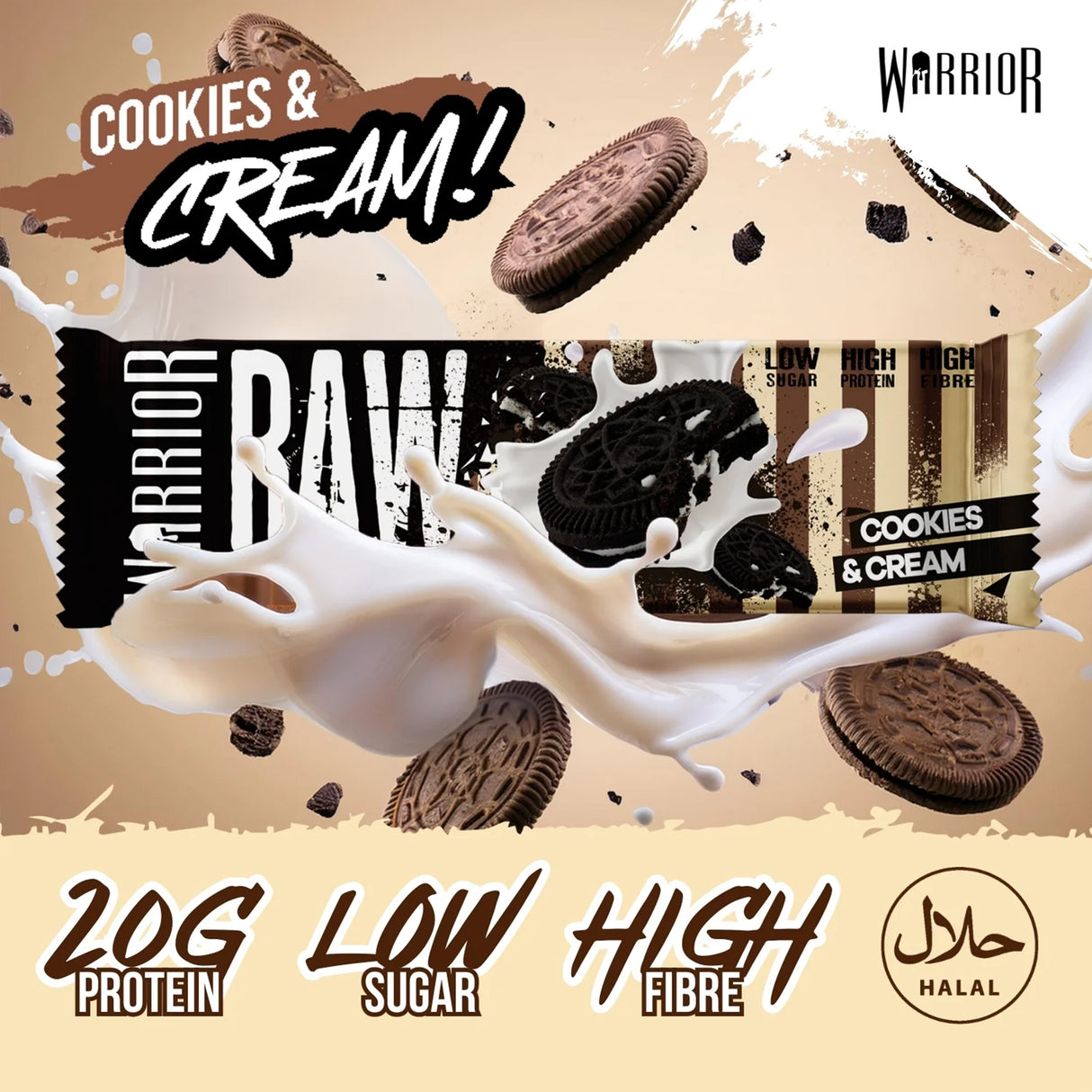Warrior RAW Protein Flapjack in Cookies & Cream flavor, highlighting 20g Protein, Low Sugar, and High Fibre.