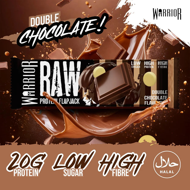 Warrior RAW Protein Flapjack in Double Chocolate flavor, visually highlighting 20g Protein, Low Sugar, and High Fibre.
