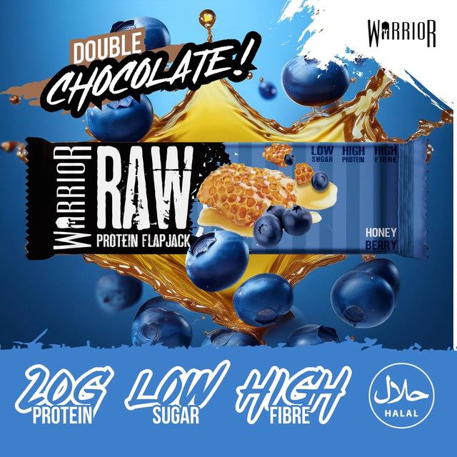 Warrior RAW Protein Flapjack in Honey Berry flavor (with blueberries and honeycomb), highlighting 20g Protein, Low Sugar, and High Fibre.