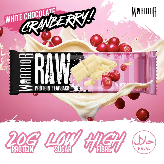 Warrior RAW Protein Flapjack in White Chocolate Cranberry flavor, emphasizing 20g Protein, Low Sugar, and High Fibre.