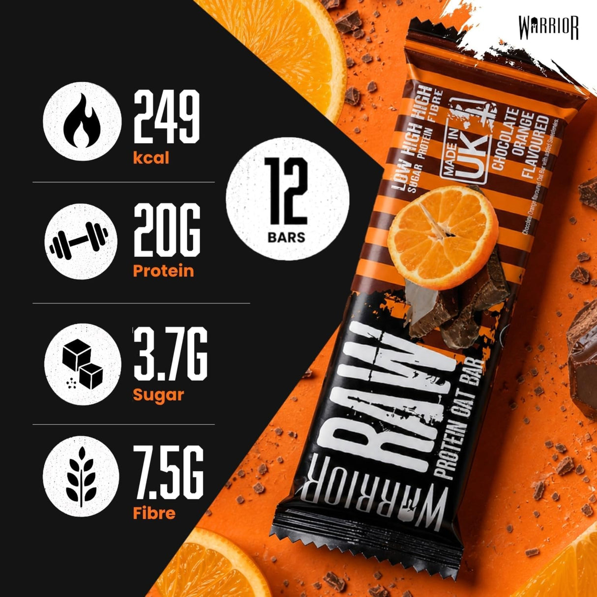 Warrior RAW Protein Oat Bar in Chocolate Orange flavor, featuring 20g of protein and 7.5g of fiber per bar.