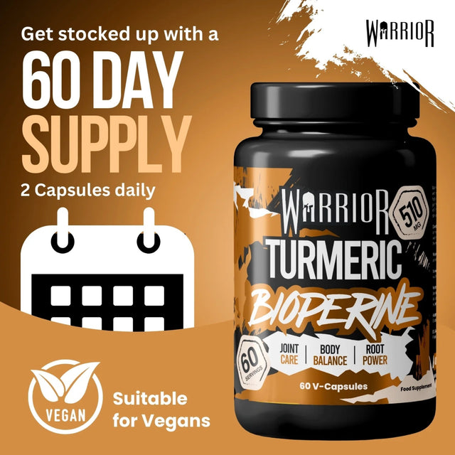 Warrior Turmeric Bioperine 510mg bottle (60 V-Capsules) showcasing key benefits: joint care, body balance, root power, and 60-day supply suitable for vegans.