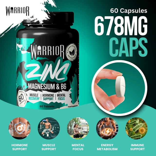 Warrior ZMA Zinc, Magnesium & Vitamin B6 supplement bottle for muscle recovery and sleep support.