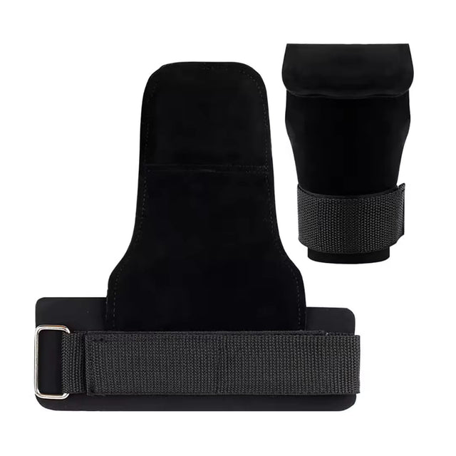 Black weightlifting grips with wrist support straps for gym training