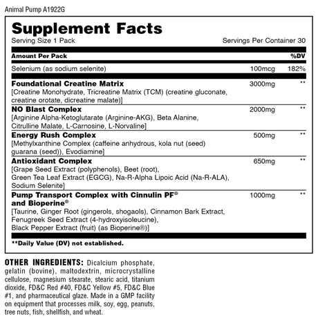 Animal Pump | 30-Packs - nutrition facts | gym supplements u.s