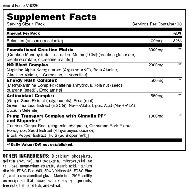 Animal Pump | 30-Packs - nutrition facts | gym supplements u.s