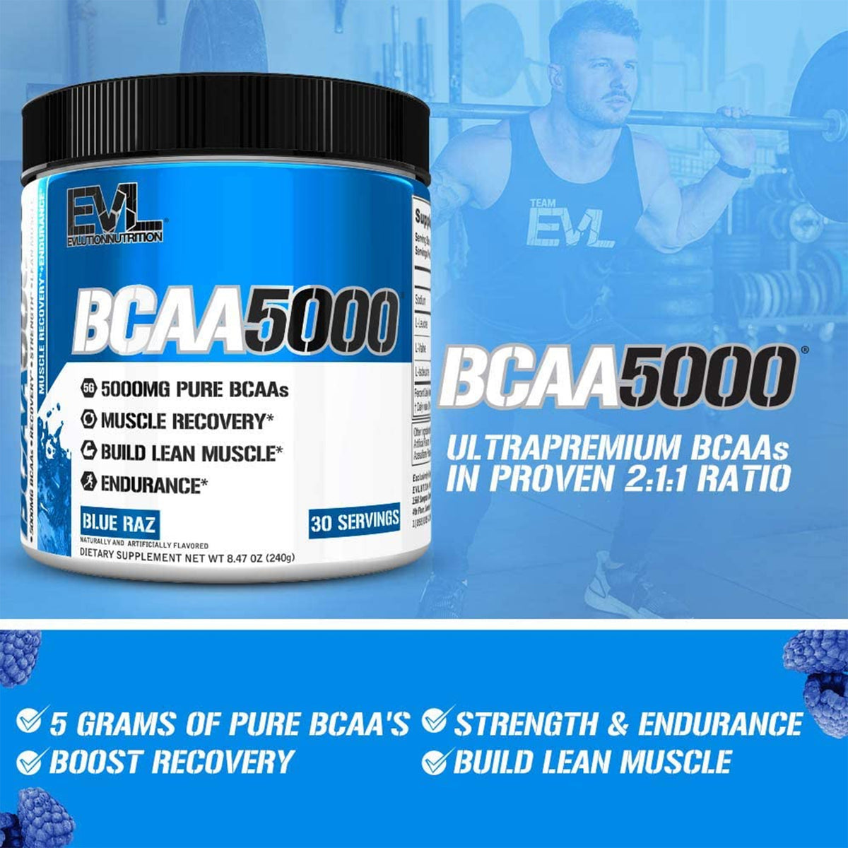 EVLUTION NUTRITION BCAA5000 | BLUE RAZ | GYM SUPPLEMENTS U.S