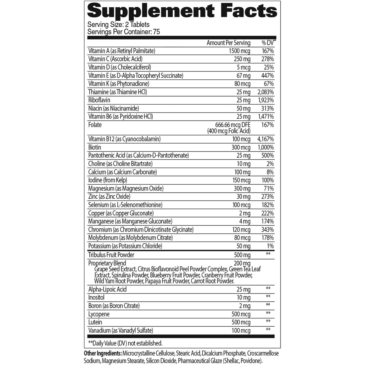 MENS MULTI+TEST VITAMIN NUTRITION CHART