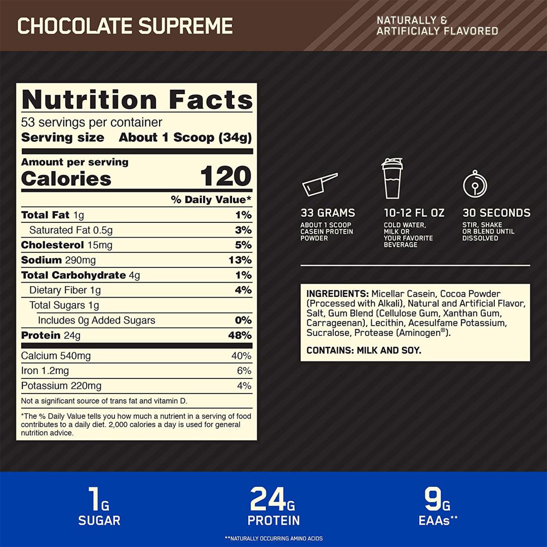 ON GOLD STANDARD 100% CASEIN - CHOCOLATE SUPREME FLAVOR | GYM SUPPLEMENTS U.S