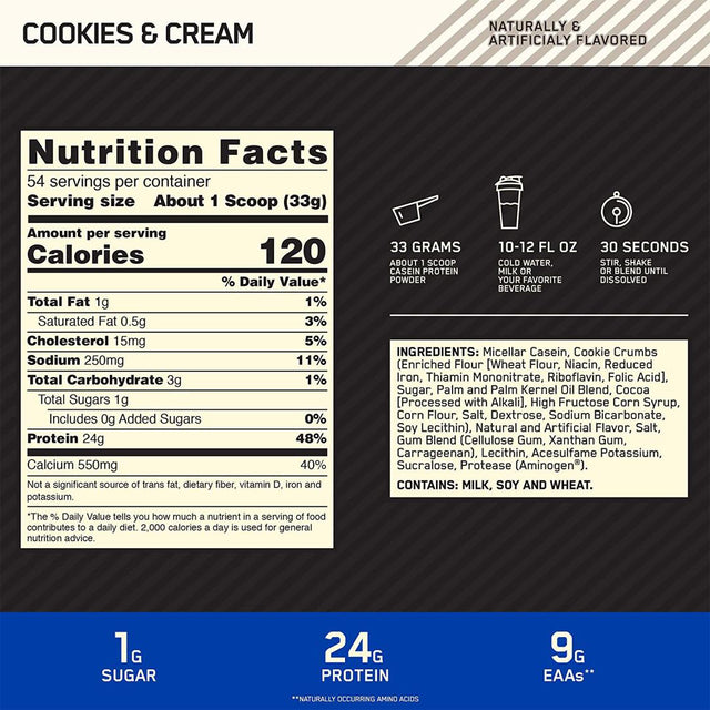 OPTIMUM NUTRITION CASEIN PROTEIN 4LBS | COOKIES & CREAM FLAVOR NUTRITION FACTS | GYM SUPPLEMENTS U.S