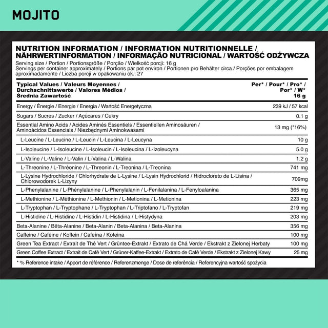 OPTIMUM NUTRITION EAA ENERGY | MOJITO FLAVOR | NUTRITION FACTS | GYM SUPPLEMENTS U.S