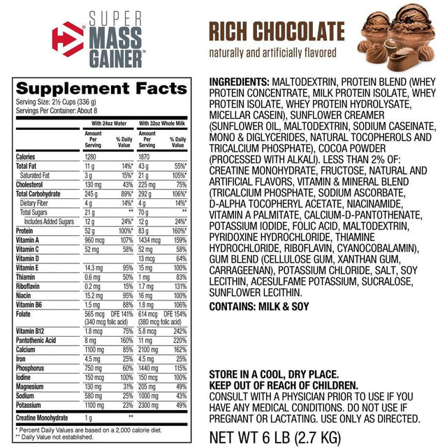 Dymatize super mass gainer - 6 lbs | Rich chocolate flavor - nutrition facts | gym supplements u.s