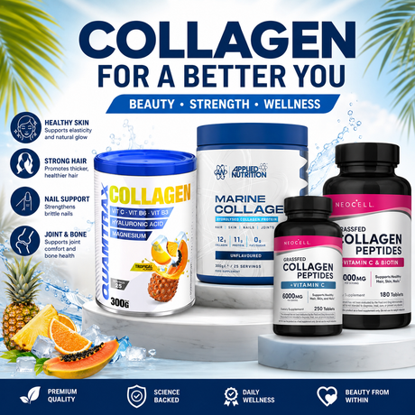 Collagen supplements collection featuring Applied Nutrition Marine Collagen, Applied Nutrition Collagen, and NeoCell Grassfed Collagen Peptides for healthy skin, hair, nails, joints, and overall wellness.