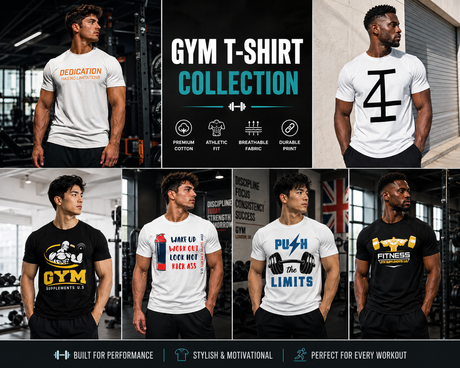 Gym T-shirt collection featuring athletic models wearing motivational fitness shirts