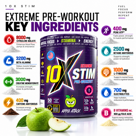 10X Stim Extreme Pre-Workout Apple Attack key ingredients and supplement facts infographic