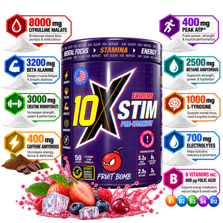 10X Stim Extreme Pre-Workout Fruit Bomb with 8000mg citrulline malate and 400mg caffeine