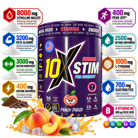 10X Stim Extreme Pre-Workout Peach Purge with 8000mg citrulline malate and 400mg caffeine