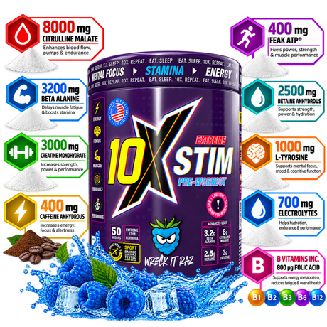 10X Stim Extreme Pre-Workout Wreck It Raz with 8000mg citrulline malate and 400mg caffeine