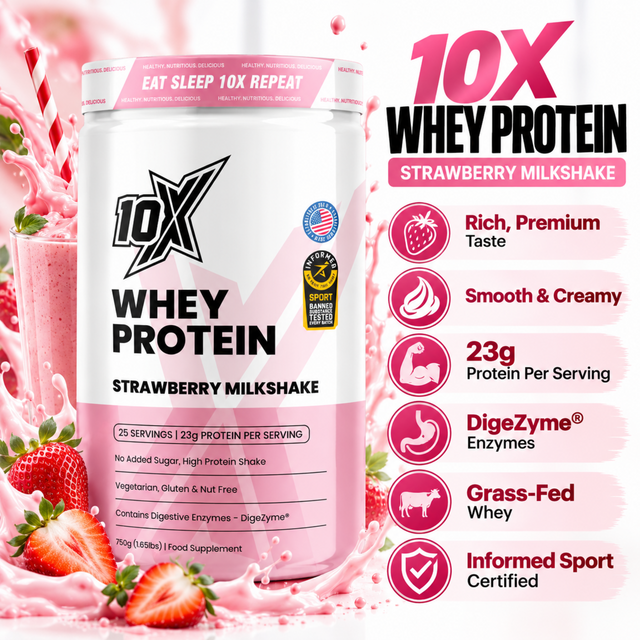 10X Whey Protein Strawberry Milkshake 750g with 23g protein per serving