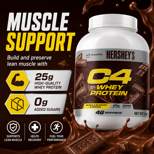 Tub of C4 Whey Protein in Hershey's Milk Chocolate flavor, showing 25g protein and 0g added sugars for muscle support.
