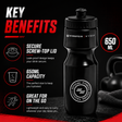 Black 650ml sports water bottle with a secure screw-top lid, designed for hydration during high-intensity fitness activities and on-the-go use.