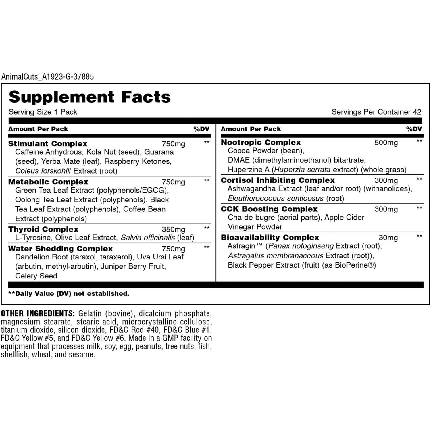 ANIMAL CUTS - FAT BURNER 42 PAKS - NUTRITION FACTS | GYM SUPPLEMENTS U.S