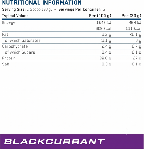 Nutrition facts label of Applied Nutrition Beef-XP Clear Protein Isolate showing 27g protein, 111 calories, 0g sugar, low fat and glutamine content per serving.