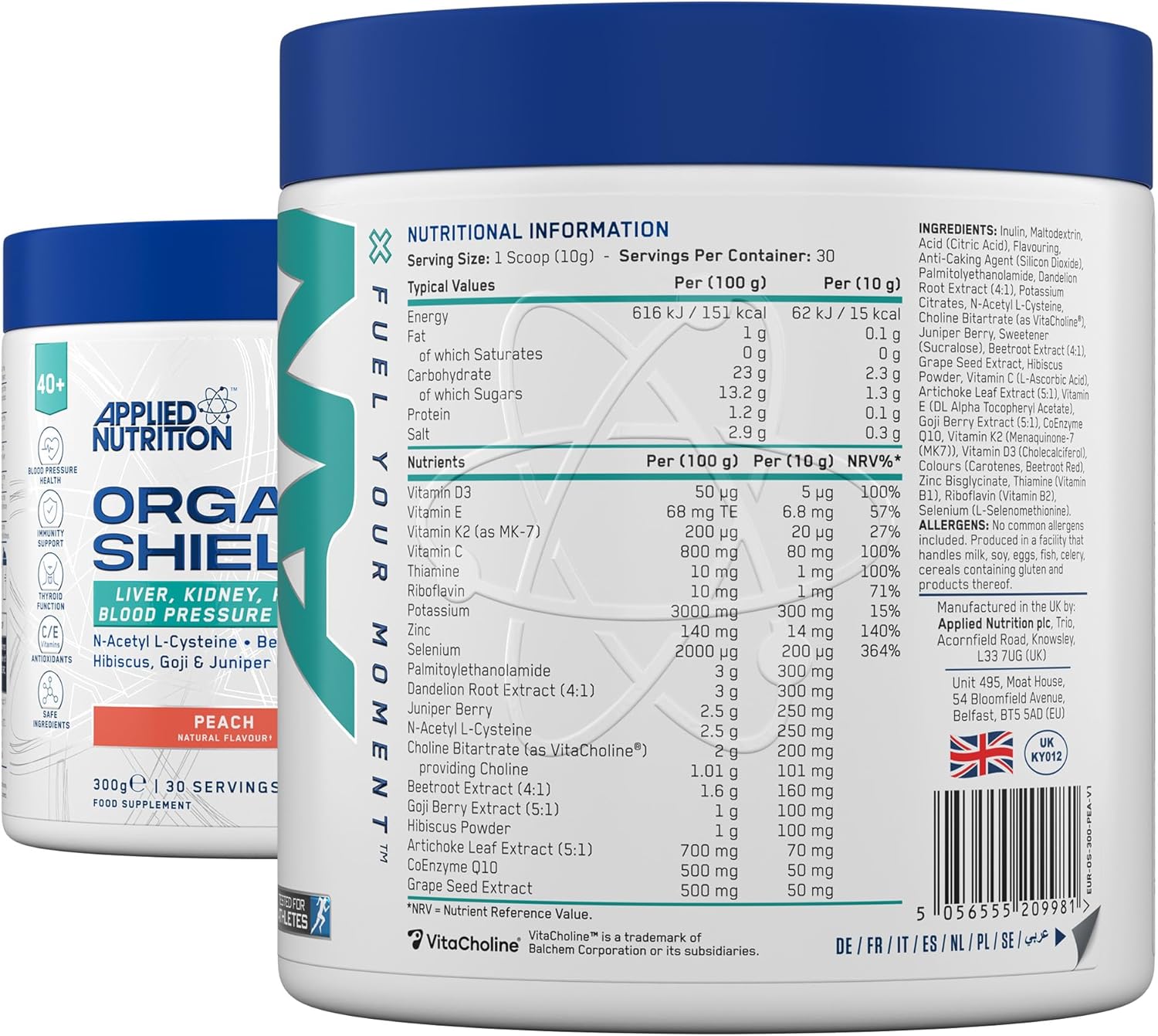 Applied Nutrition Organ Shield Nutritional Information and Ingredients Label
