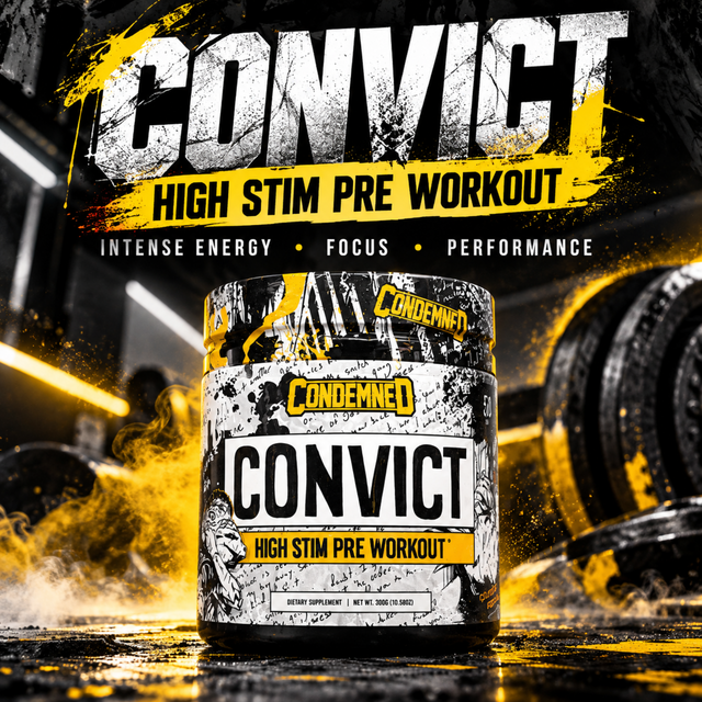 Convict High-Stim Pre-Workout by Condemned Labz for intense energy, focus, and performance.