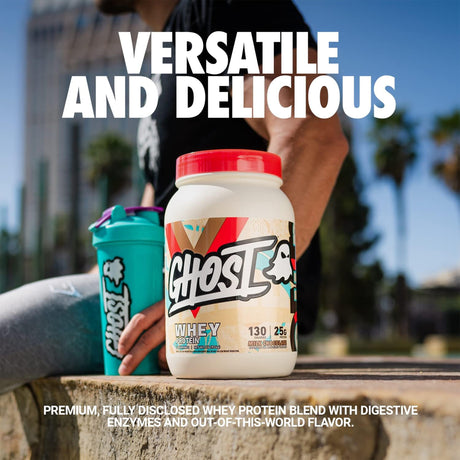 GHOST Whey Protein in Milk chocolate flavor. Shows the supplement tub with 25g protein per scoop for muscle building and recovery.