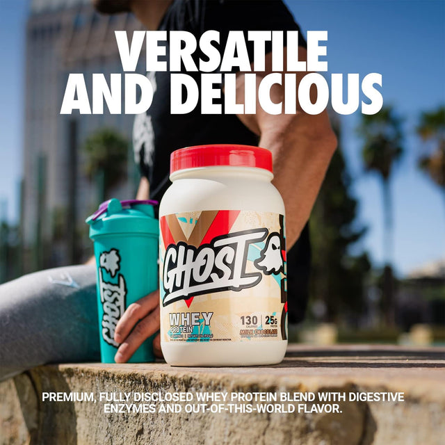 GHOST Whey Protein in Milk chocolate flavor. Shows the supplement tub with 25g protein per scoop for muscle building and recovery.