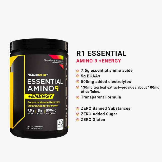 R1 ESSENTIAL AMINO 9 +ENERGY | STRAWBERRY-MARGARITA | GYM SUPPLEMENTS U.S