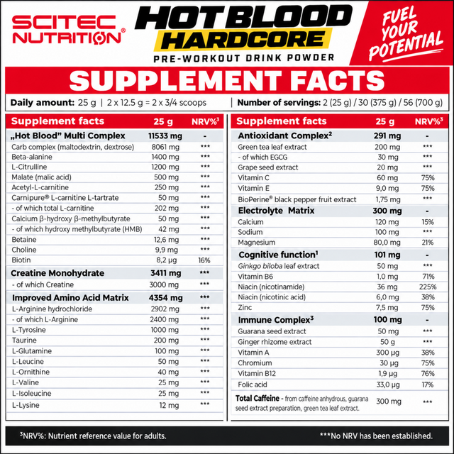Scitec Nutrition Hot Blood Hardcore supplement facts with ingredients, serving size, caffeine, creatine, amino acids, electrolytes, and vitamins