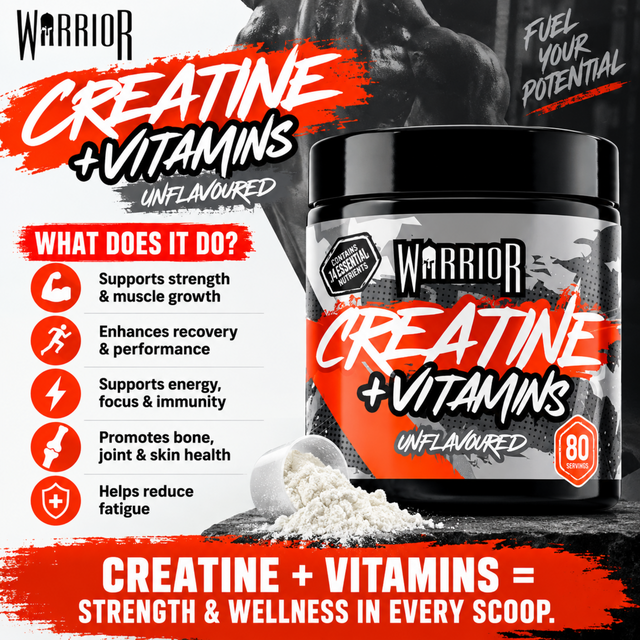 Warrior Creatine Plus Vitamins 4.5g supplement powder featuring creatine, vitamins, and minerals for daily fitness and wellness support.