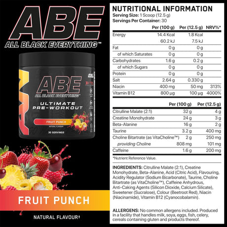 ABE Black Pre-Workout FRUIT PUNCH Flavor – High-Performance Pre-Workout for Energy, Pump & Endurance – 315g – Authentic at Gym Supplements U.S.