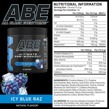 ABE Black Pre-Workout ICY BLUE RAZ Flavor – Ultimate Pre-Workout for Energy, Focus & Performance – 315g Tub – Available at Gym Supplements U.S.

