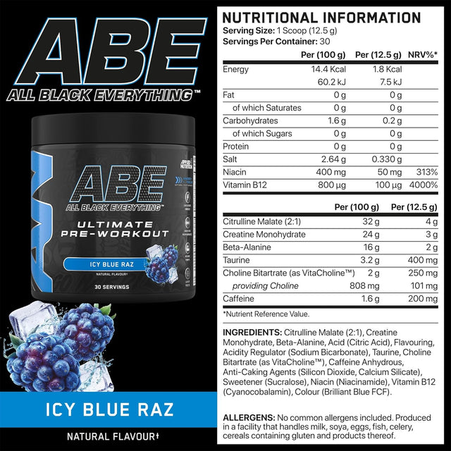 ABE Black Pre-Workout ICY BLUE RAZ Flavor – Ultimate Pre-Workout for Energy, Focus & Performance – 315g Tub – Available at Gym Supplements U.S.

