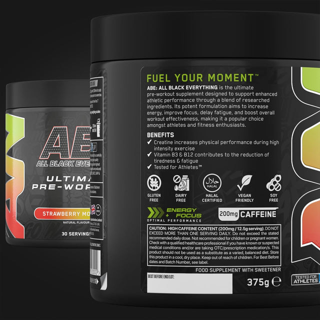 Black tub of ABE (All Black Everything) Ultimate Pre-Workout in Strawberry Mojito flavor. The label shows it contains 200mg of caffeine, creatine, B vitamins, and is Halal Certified, Vegan Friendly, and Gluten/Dairy/Soy Free.