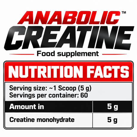 Anabolic Creatine 300g nutrition facts label showing 5g creatine monohydrate per serving.