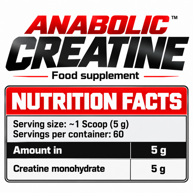 Anabolic Creatine 300g nutrition facts label showing 5g creatine monohydrate per serving.