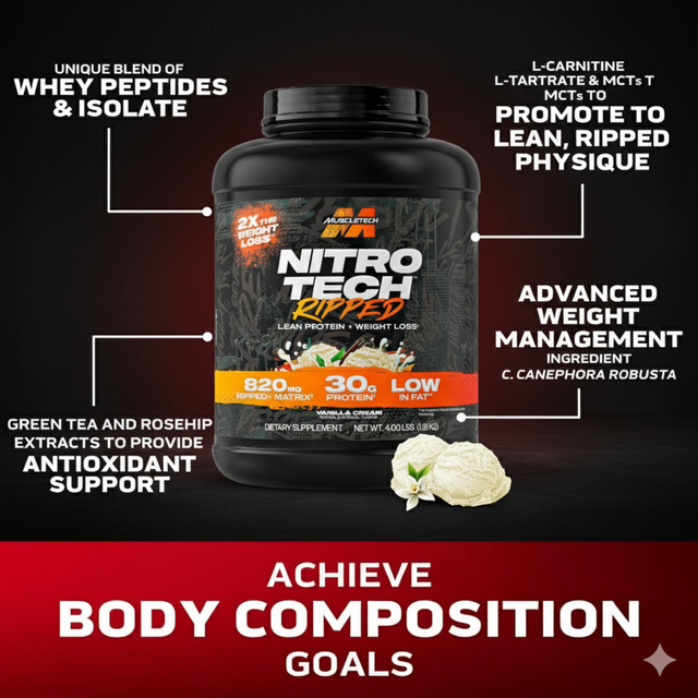 Vanilla Cream Nitro Tech Ripped protein powder tub with weight loss ingredients