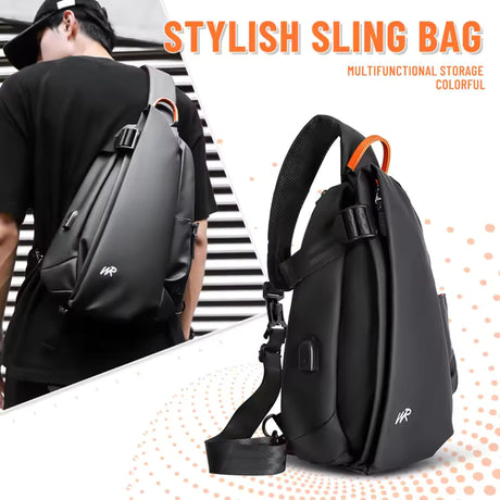 A sleek, black water-repellent sling bag with orange accents being worn by a person, and a standalone callout highlighting its multi-functional storage and unique colorful design elements