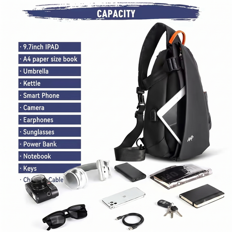 Minimalist anti-theft tech sling bag showing storage for iPad, umbrella, and smartphone