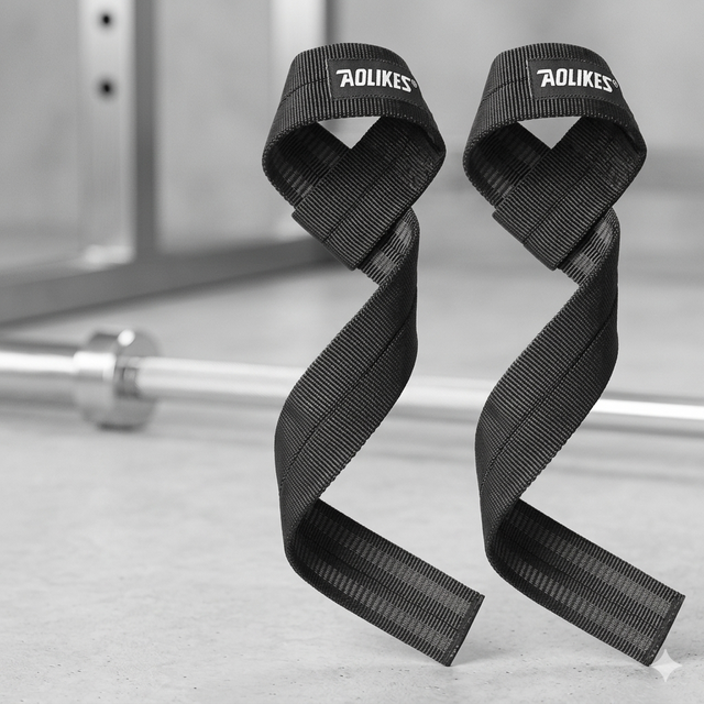 A pair of black AOLIKES cotton weightlifting lifting straps resting on a concrete gym floor next to a chrome barbell.