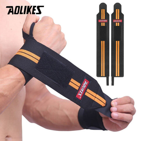AOLIKES weight lifting wristband in black and orange for strength training and wrist protection