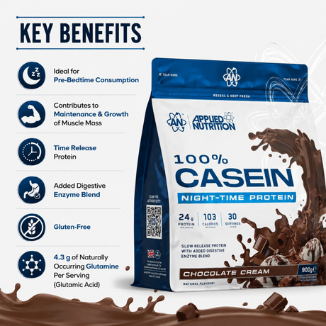 Applied Nutrition 100% Casein Night-Time Protein Chocolate Cream 900g showing key benefits and nutrition facts.